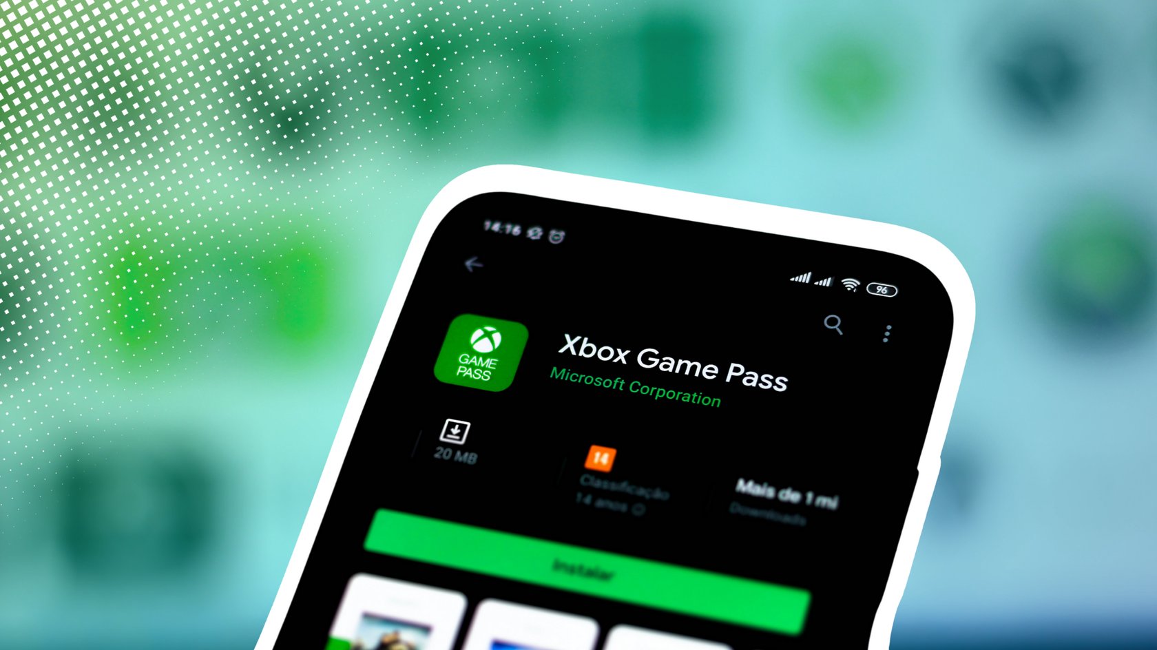 Das Bild zeigt ein Smartphone-Display mit der App "Xbox Game Pass" von Microsoft Corporation im App Store. Die App hat eine Größe von 20 MB, eine Altersfreigabe ab 14 Jahren und über eine Million Downloads. Der Installationsbutton ist grün hervorgehoben. Das Bild zeigt ein Smartphone-Display mit der App "Xbox Game Pass" von Microsoft Corporation im App Store. Die App hat eine Größe von 20 MB, eine Altersfreigabe ab 14 Jahren und über eine Million Downloads. Der Installationsbutton ist grün hervorgehoben.