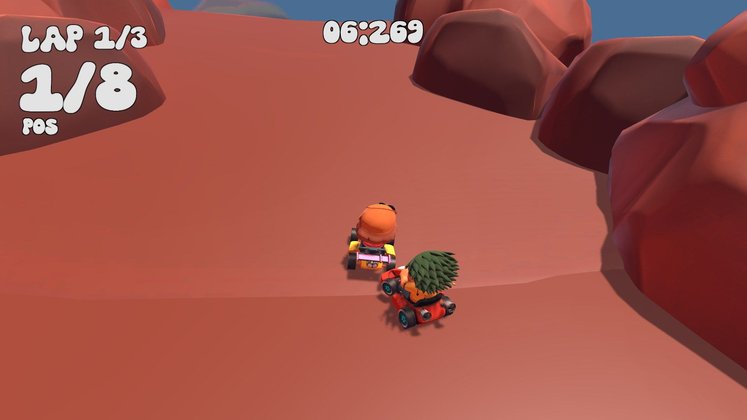 Screenshot aus Marcus Kart World mit Rennfahrern aus einer Wüste. Screenshot aus Marcus Kart World mit Rennfahrern aus einer Wüste.