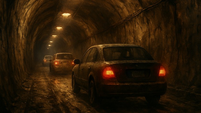 KI-generiertes Bild von Autos, die durch einen dunklen und dreckigen Tunnel fahren. KI-generiertes Bild von Autos, die durch einen dunklen und dreckigen Tunnel fahren.