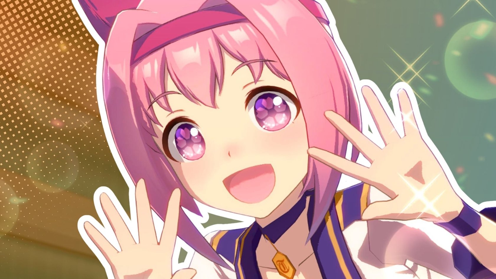 Anime-Illustration eines fröhlichen Mädchens mit pinken Haaren und großen, funkelnden, violett-pinken Augen. Sie trägt ein violett-gelbes Outfit mit einem Halsband und hält beide Hände mit gespreizten Fingern fröhlich vor ihrem Gesicht. Der Hintergrund ist grafisch gestaltet, mit Lichtreflexen, Blasen und orangen Punkten. Anime-Illustration eines fröhlichen Mädchens mit pinken Haaren und großen, funkelnden, violett-pinken Augen. Sie trägt ein violett-gelbes Outfit mit einem Halsband und hält beide Hände mit gespreizten Fingern fröhlich vor ihrem Gesicht. Der Hintergrund ist grafisch gestaltet, mit Lichtreflexen, Blasen und orangen Punkten.