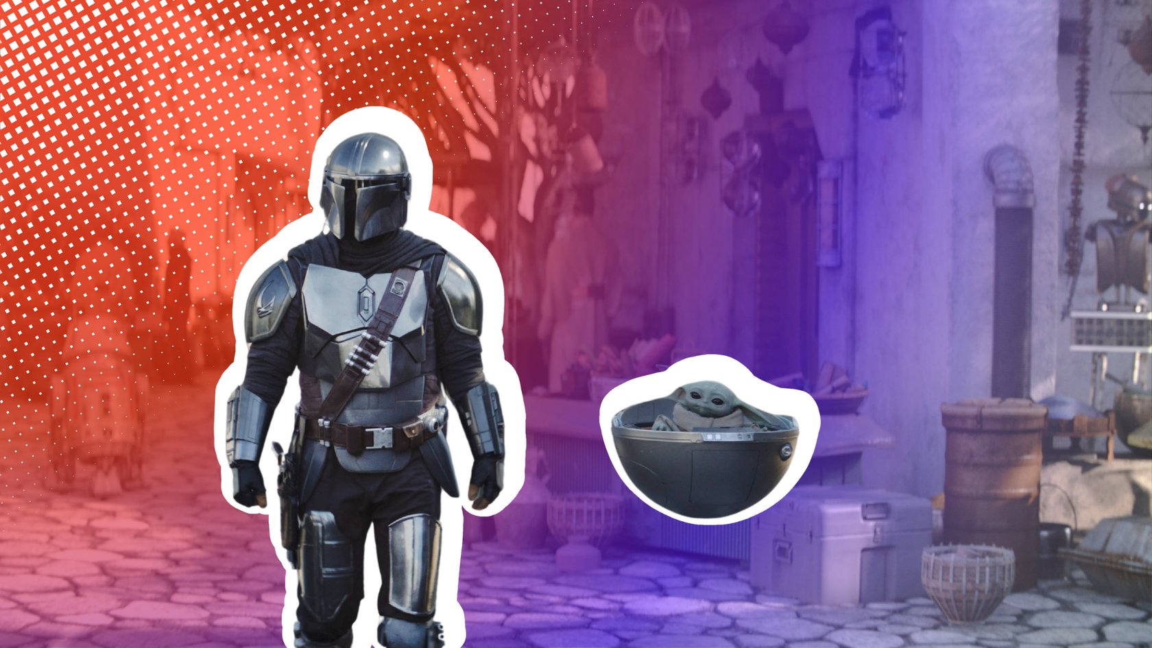 Ein futuristischer Krieger in einer silbernen Rüstung und schwarzer Kleidung steht im Vordergrund, mit einer stilisierten Umrandung. Daneben schwebt ein kleines Wesen in einer grauen, ovalen Kapsel, ebenfalls umrandet. Der Hintergrund zeigt eine Markt-Szenerie mit unscharfen Gebäuden, Objekten und einem Farbverlauf in Rot und Violett. Ein futuristischer Krieger in einer silbernen Rüstung und schwarzer Kleidung steht im Vordergrund, mit einer stilisierten Umrandung. Daneben schwebt ein kleines Wesen in einer grauen, ovalen Kapsel, ebenfalls umrandet. Der Hintergrund zeigt eine Markt-Szenerie mit unscharfen Gebäuden, Objekten und einem Farbverlauf in Rot und Violett.