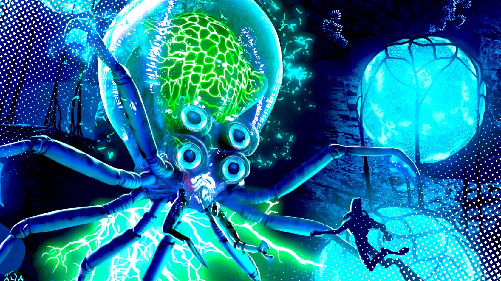 Screenshot aus Subnautica, der großen durchsichtigen und leuchtenden Tintenfisch vor einem Taucher zeigt. Screenshot aus Subnautica, der großen durchsichtigen und leuchtenden Tintenfisch vor einem Taucher zeigt.