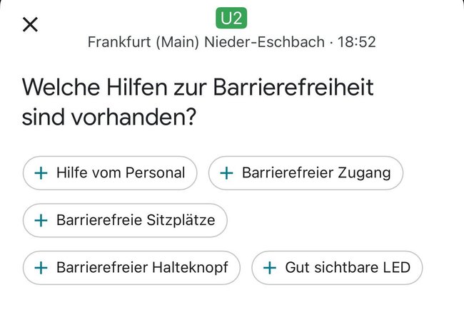 Anzeige in Google Maps mit Frage „Welche Hilfen zur Barrierefreiheit sind vorhanden?“ und entsprechenden Angaben. Anzeige in Google Maps mit Frage „Welche Hilfen zur Barrierefreiheit sind vorhanden?“ und entsprechenden Angaben.
