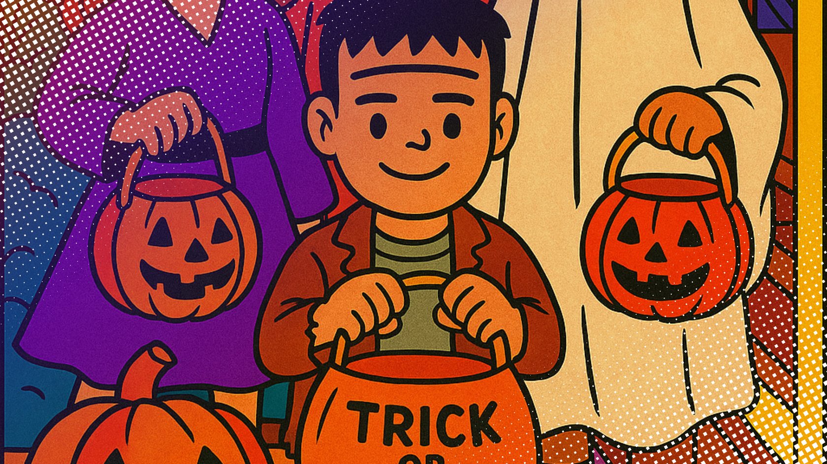 Illustration von Kindern in Halloweenkostümen mit Kürbis-Eimern beim Süßigkeitensammeln. Illustration von Kindern in Halloweenkostümen mit Kürbis-Eimern beim Süßigkeitensammeln.