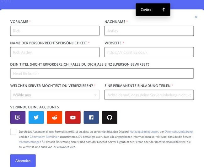 Das Bewerbungsformular von Discord. Das Bewerbungsformular von Discord.