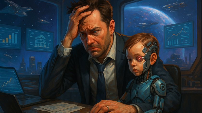 KI-generiertes Bild, dass einen Mann mit einem Cyborg-Kind zeigt, der verzweifelt schaut. KI-generiertes Bild, dass einen Mann mit einem Cyborg-Kind zeigt, der verzweifelt schaut.