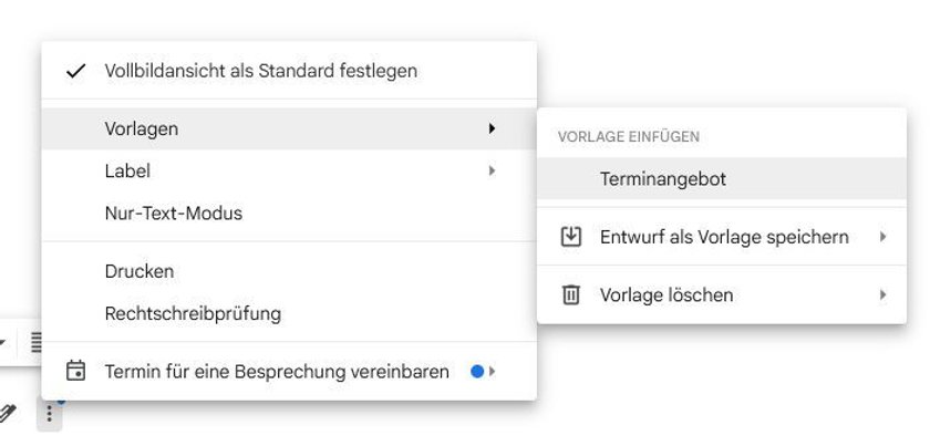 Screenshot, der die Auswahl einer Vorlage für eine E-Mail zeigt. Screenshot, der die Auswahl einer Vorlage für eine E-Mail zeigt.