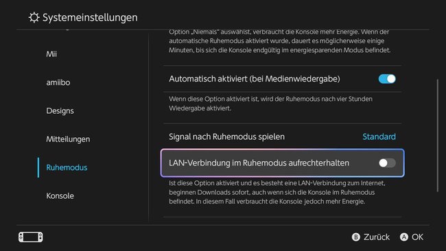 Screenshot aus den Systemeinstellungen der Switch 2 mit Optionen für den Ruhemodus. Screenshot aus den Systemeinstellungen der Switch 2 mit Optionen für den Ruhemodus.