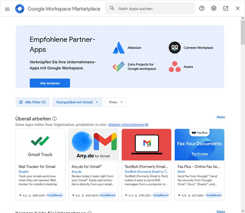 Screenshot des Google Workspace Marketplace. Oben links ist das Google Workspace-Logo und der Text "Google Workspace Marketplace". Darunter ist ein Bereich mit der Überschrift "Empfohlene Partner-Apps" mit verschiedenen Logos. Screenshot des Google Workspace Marketplace. Oben links ist das Google Workspace-Logo und der Text "Google Workspace Marketplace". Darunter ist ein Bereich mit der Überschrift "Empfohlene Partner-Apps" mit verschiedenen Logos.