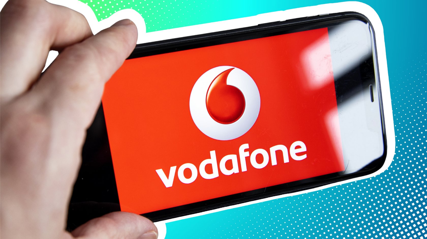 iPhone 11 mit Vodafone-Logo, Hintergrund grün-blauer Farbverlauf iPhone 11 mit Vodafone-Logo, Hintergrund grün-blauer Farbverlauf