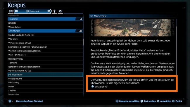 Hinweis auf den Zugangscode zur Mütterhilfe im Korpus von Death Stranding 2 On the Beach Hinweis auf den Zugangscode zur Mütterhilfe im Korpus von Death Stranding 2 On the Beach