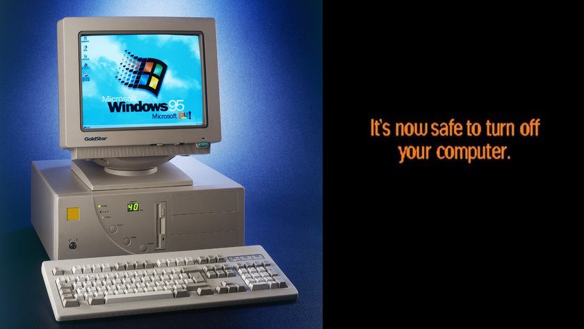 PC-Tower und Monitor mit Windows95, daneben der Hinweis “It's now safe to turn off your computer.” PC-Tower und Monitor mit Windows95, daneben der Hinweis “It's now safe to turn off your computer.”