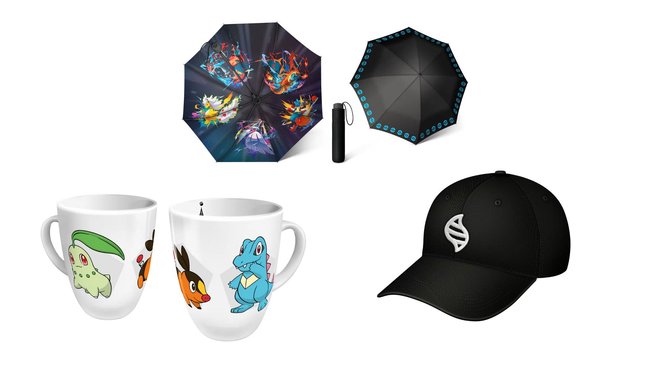 Eine Tasse, ein Regenschirm und eine Kappe im Pokémon-Design. Eine Tasse, ein Regenschirm und eine Kappe im Pokémon-Design.