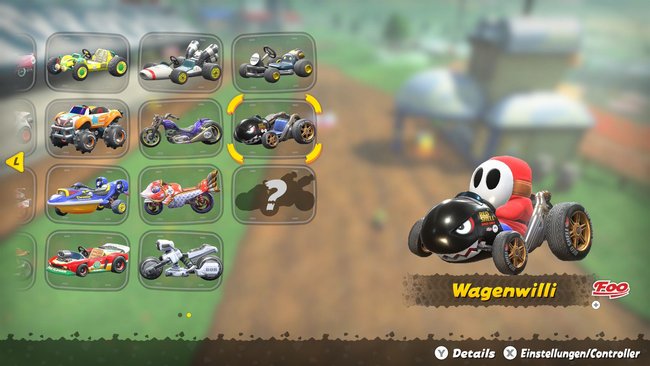 Fahrzeugauswahl mit Shy Guy und Wagenwilli in Mario Kart World. Fahrzeugauswahl mit Shy Guy und Wagenwilli in Mario Kart World.