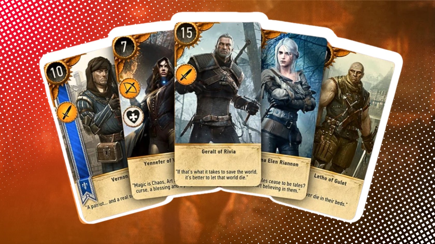 Fünf Spielkarten mit Charakteren aus "The Witcher" sind fächerförmig angeordnet. Die Karten zeigen verschiedene Charaktere in unterschiedlichen Posen und Kostümen. Der Hintergrund ist orange-rot mit einem Punktmuster. Fünf Spielkarten mit Charakteren aus "The Witcher" sind fächerförmig angeordnet. Die Karten zeigen verschiedene Charaktere in unterschiedlichen Posen und Kostümen. Der Hintergrund ist orange-rot mit einem Punktmuster.