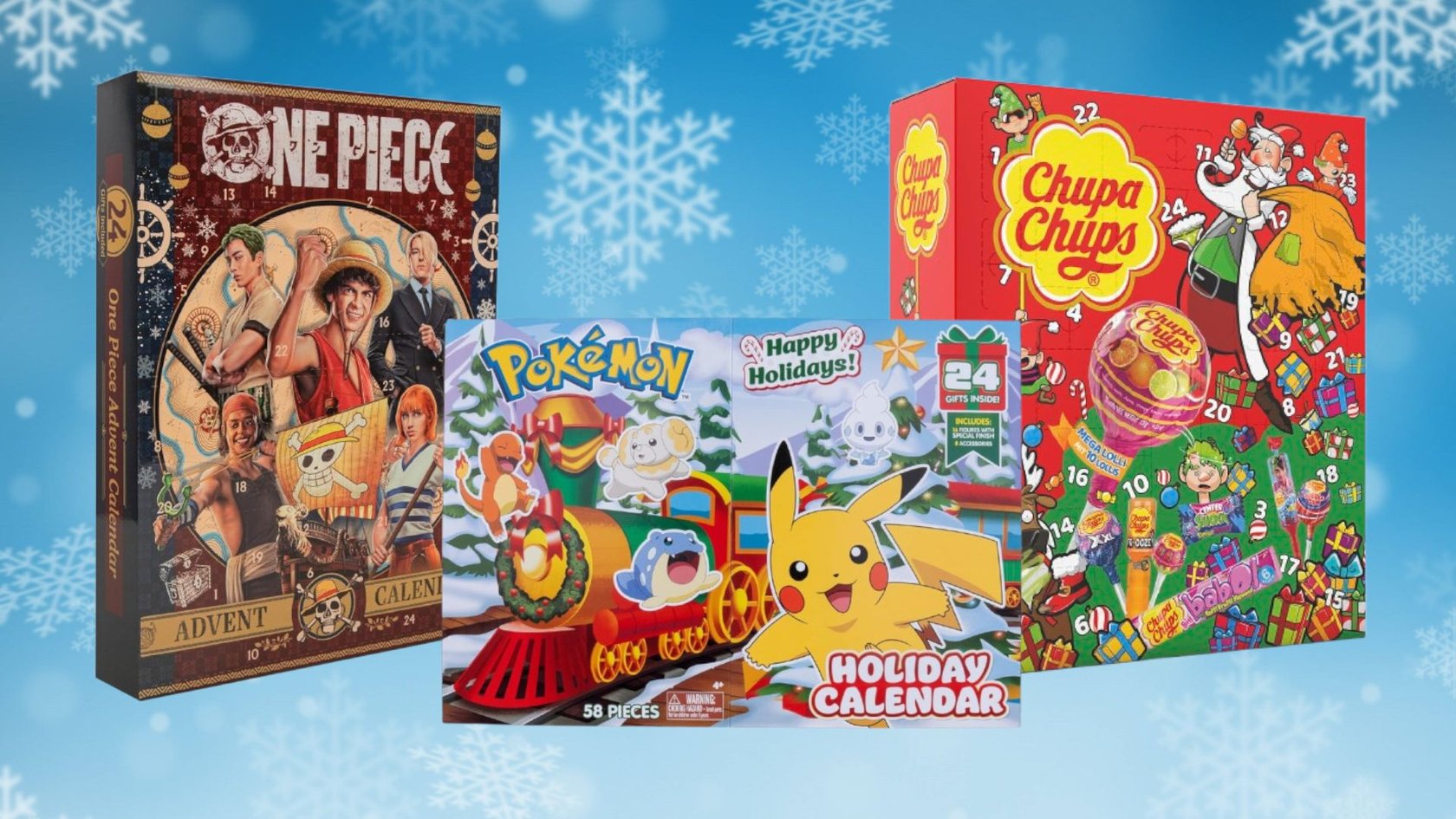 Auf dem Bild sind Schneeflocken zu sehen. Außerdem sind drei Adventskalender verewigt: One Piece, Pokémon und Chupa Chups. Auf dem Bild sind Schneeflocken zu sehen. Außerdem sind drei Adventskalender verewigt: One Piece, Pokémon und Chupa Chups.