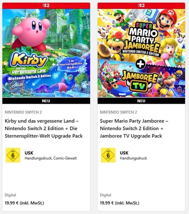 Einträge für die Switch 2 Edition Upgrade Packs von Kirby und das vergessene Land und Super Mario Party Jamboree. Einträge für die Switch 2 Edition Upgrade Packs von Kirby und das vergessene Land und Super Mario Party Jamboree.