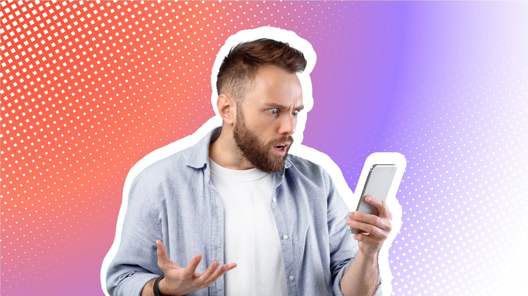 Ein Mann mit Bart und einem hellblauen Hemd schaut überrascht auf sein Smartphone und hebt fragend die Hände. Ein Mann mit Bart und einem hellblauen Hemd schaut überrascht auf sein Smartphone und hebt fragend die Hände.