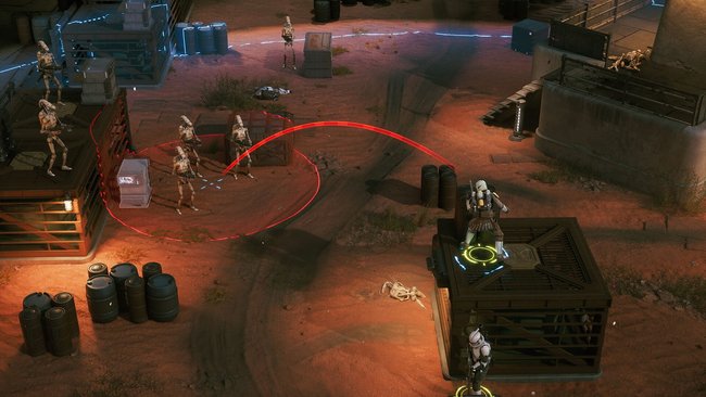 Kampfszene aus Star Wars Zero Company mit einer Mandalorianerin, die einen Termal-Detonator auf eine Gruppe Droiden wirft. Kampfszene aus Star Wars Zero Company mit einer Mandalorianerin, die einen Termal-Detonator auf eine Gruppe Droiden wirft.