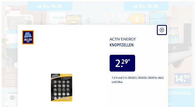 Aldi Süd Angebot für Activ Energy Knopfzellen in verschiedenen Größen. Aldi Süd Angebot für Activ Energy Knopfzellen in verschiedenen Größen.