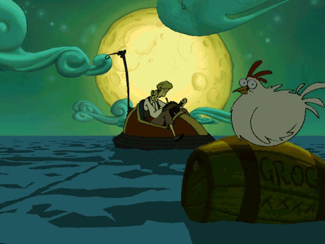 Zu Beginn treibt Guybrush ziellos auf dem Meer herum. Zu Beginn treibt Guybrush ziellos auf dem Meer herum.