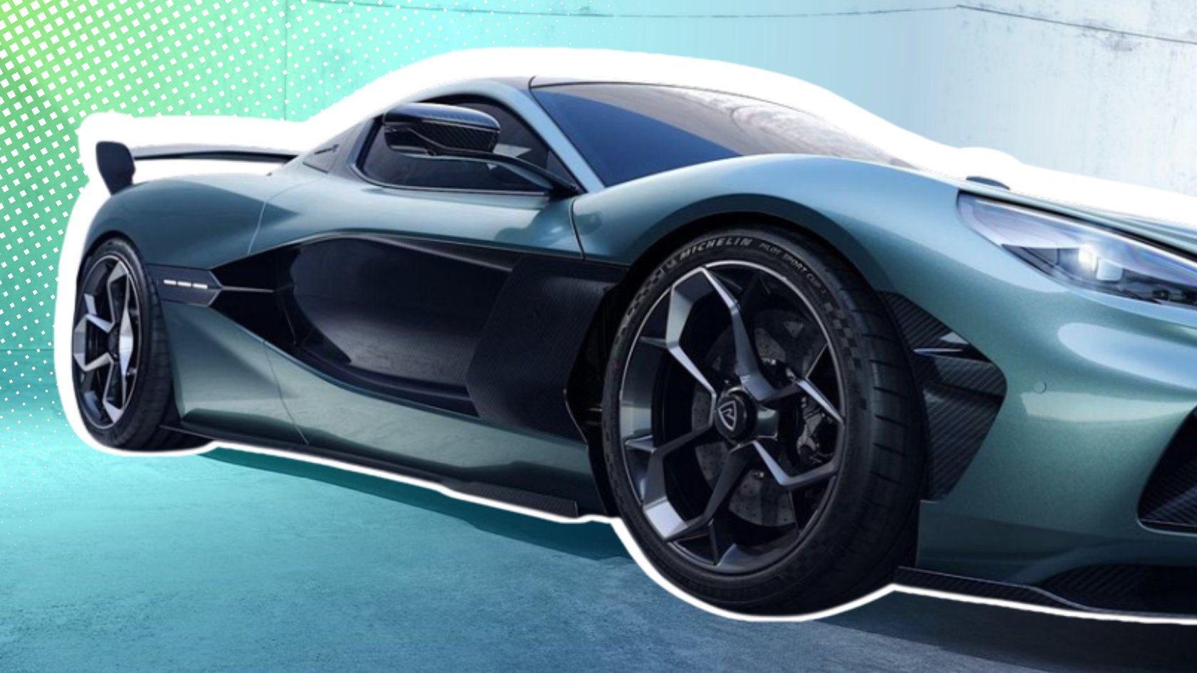 Das Hypercar Rimac Nevera R von der Seite. Das Hypercar Rimac Nevera R von der Seite.