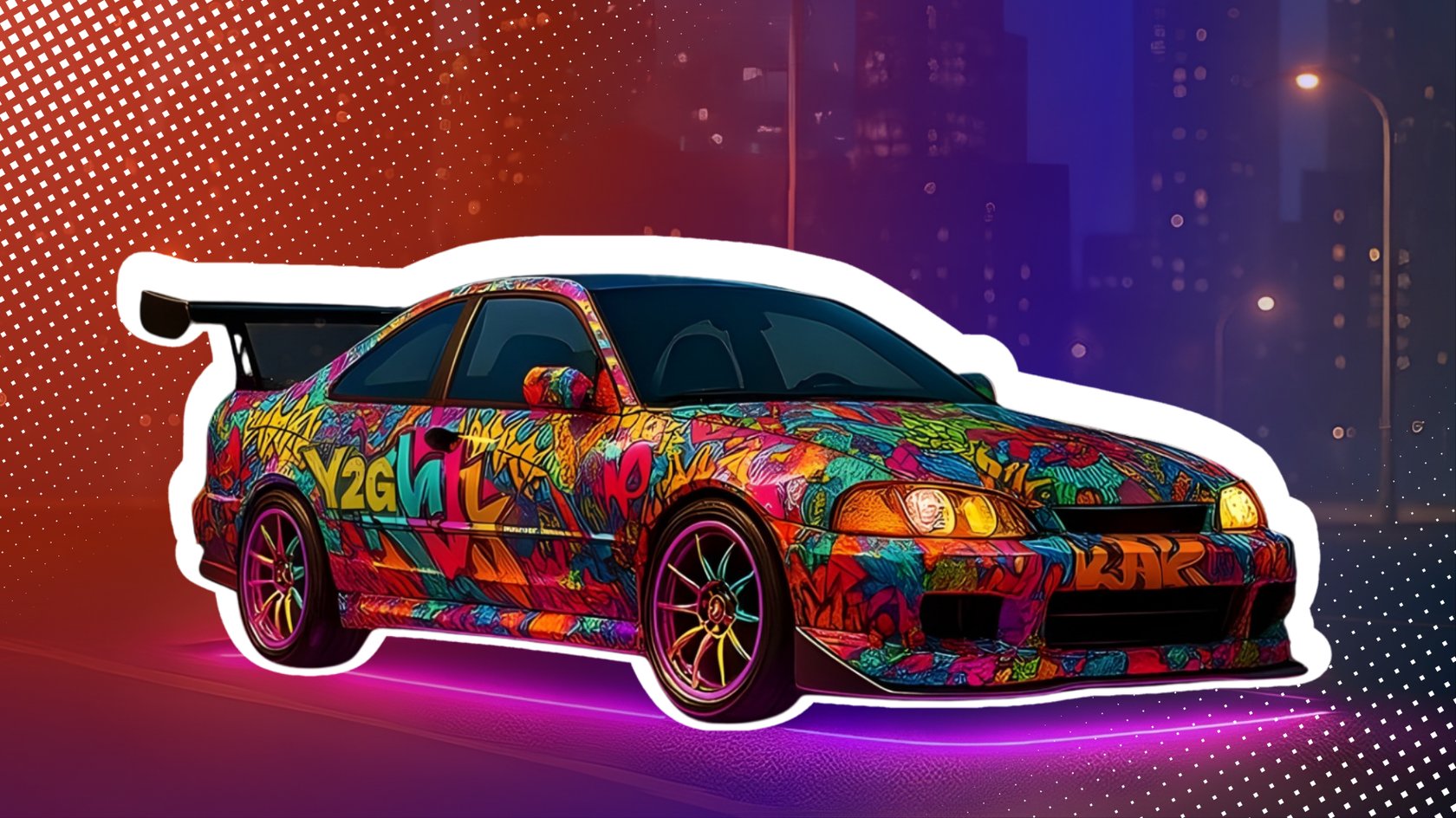 Auto mit Graffiti-Kunst aus Street Car Racing Auto mit Graffiti-Kunst aus Street Car Racing