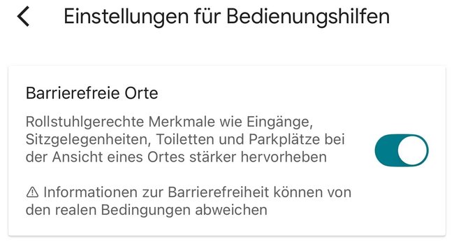 Feld „Barrierefreie Orte“ mit Toggle zum Aktivieren und Deaktivieren. Feld „Barrierefreie Orte“ mit Toggle zum Aktivieren und Deaktivieren.