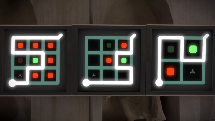 Oben auf der Brücke beginnt die nächste Sequenz. Es gilt die roten und grünen Quadrate zu trennen, wobei ihr ein grünes Quadrat für den Eliminator bei den roten verbleiben lassen müsst.