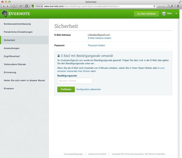 E-Mail-Bestätigungscode eintragen
