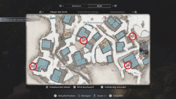 Fundorte der Tiere zentral im Dorf. Das Wild im Südosten versteckt sich in der Scheune des Gebäudes. Fundorte der Tiere zentral im Dorf. Das Wild im Südosten versteckt sich in der Scheune des Gebäudes.