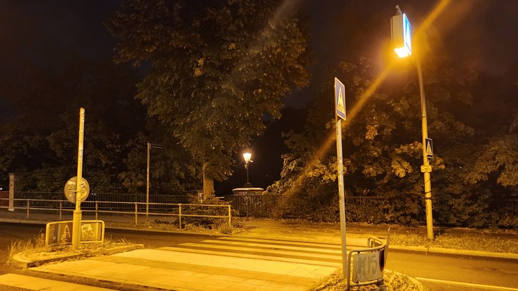 Ein Zebrastreifen wird nachts von einer Straßenlaterne beleuchtet, im Hintergrund sind Bäume.