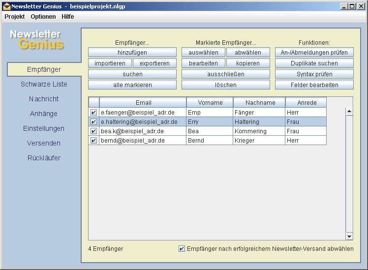 E-Mail-Adressen importiert Newsletter Genius per CVS-Datei oder Datenbank-Schnittstelle.