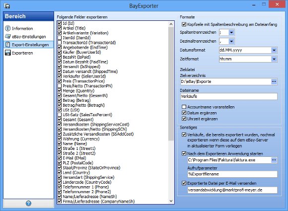Die Exporteinstellungen von BayExporter BayExporter Exporteinstellungen