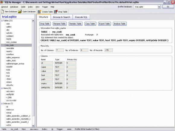 Ansicht des Hauptfensters von SQLite Manager SQLite Manager Hauptbildschirm