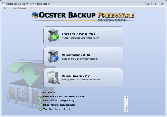 Ocster Backup Free Startbildschirm Der Startbildschirm von Ocster Backup Free