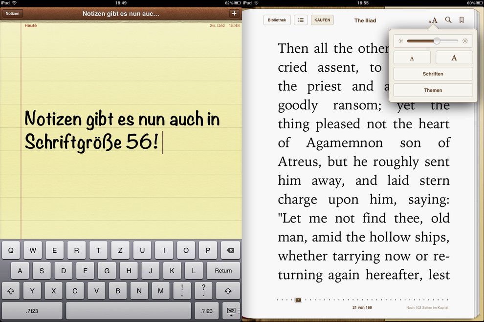 Auch für Notizen gilt die systeminterne Verwaltung der Schriftgrößen (links). iBooks dagegen hat eine eigene Schaltfläche. Darüber lässt sich Text ebenfalls stark vergrößern (rechts).iPad-mini-Schriftgrößen