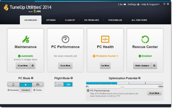 Ansicht der Startoberfläche von TuneUp Utilities 2014 TuneUp Utilities 2014 Startoberfläche