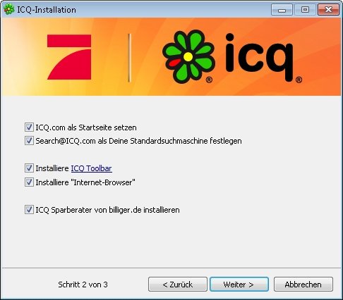 Augen auf beim Installieren von ICQ! Die vielen vorausgewählten Augen auf beim Installieren von ICQ! Die vielen vorausgewählten "Optionen" erinnern an vergangene Zeiten