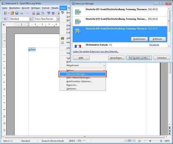 Über den Extension Manager können Sie weitere Sprachpakete für den OpenOffice Thesaurus herunterladen OpenOffice Thesaurus Extension Manager