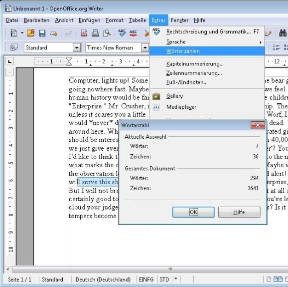 In OpenOffice können Sie von einem markierten Text die Wörter zählen OpenOffice Wörter zählen Info
