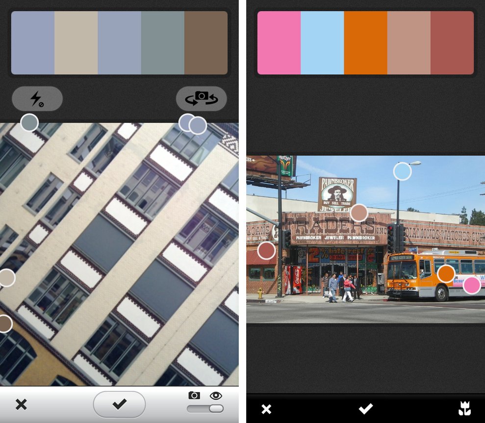 Die Kuler-App sucht sich entweder aus dem Live-Kamerabild (links) oder einem vorhandenen Foto (rechts) die Farbwerte heraus.