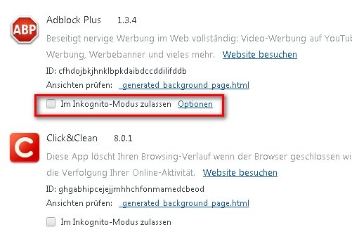 Sollen Erweiterungen im Inkognito-Modus von Google Chrome funktionieren, muss man das explizit erlauben! Google Chrome Erweiterungen Inkognito Screenshot