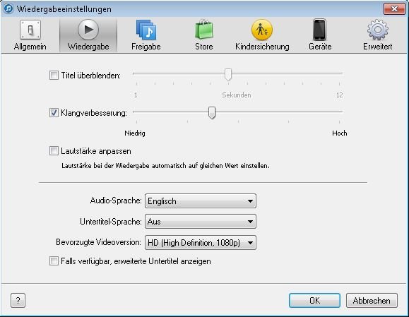 Die Klangverbesserung in den iTunes Einstellungen soll angeblich die Qualität der Wiedergabe erhöhen iTunes Qualität