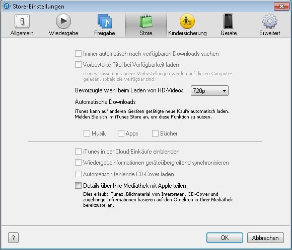 In den Store-Einstellungen können Sie angeben, vorbestellte Medien bei Verfügbarkeit automatisch herunterzuladen iTunes einrichten Storeeinstellungen