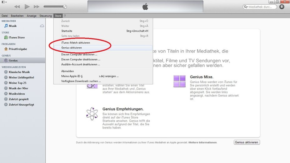 Um den iTunes Fehler 4002 zu beheben, deaktivieren Sie die Funktionen iTunes Match und iTunes Genius, um diese nach Neustart des Programs neu einzurichten. iTunes Fehler 4002 Screenshot