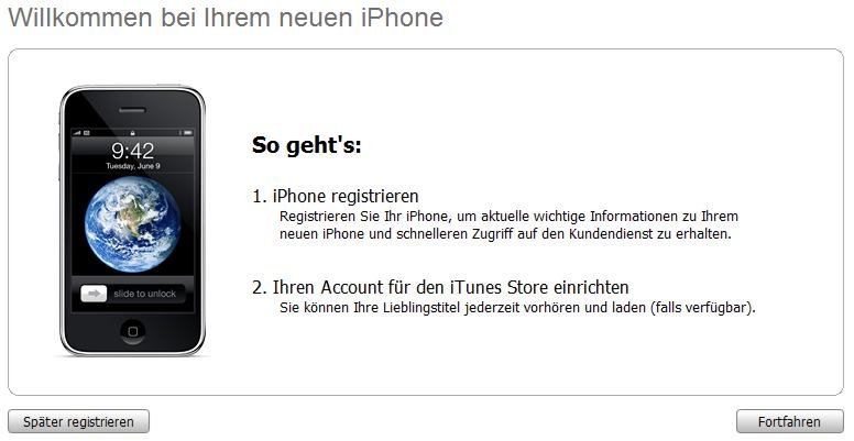 Sie können ein neues iPhone in iTunes anmelden, um dieses direkt am Rechner mit neuer Musik, Videos und Apps zu bestücken. iTunes anmelden Screenshot