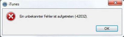 Der iTunes Fehler 42032 tritt auf, wenn Sie in iTunes Lieder abspielen möchte, für die Sie keine Rechte besitzen. iTunes 42032 Screenshot