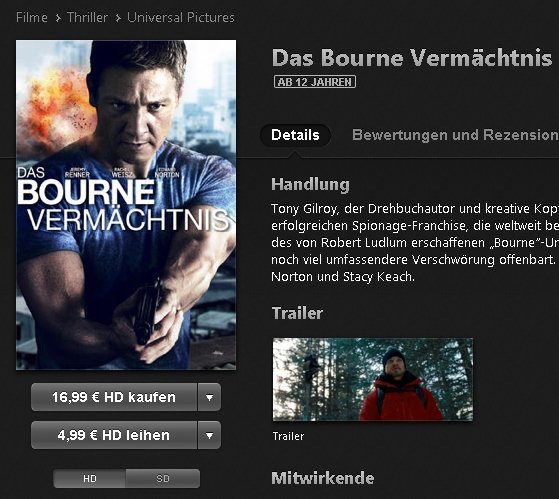 Das Leihen eines Films geht bei iTunes schnell. Der Download der großen Daten dauert allerdings seine Zeit. iTunes Film leihen oder kaufen Screenshot
