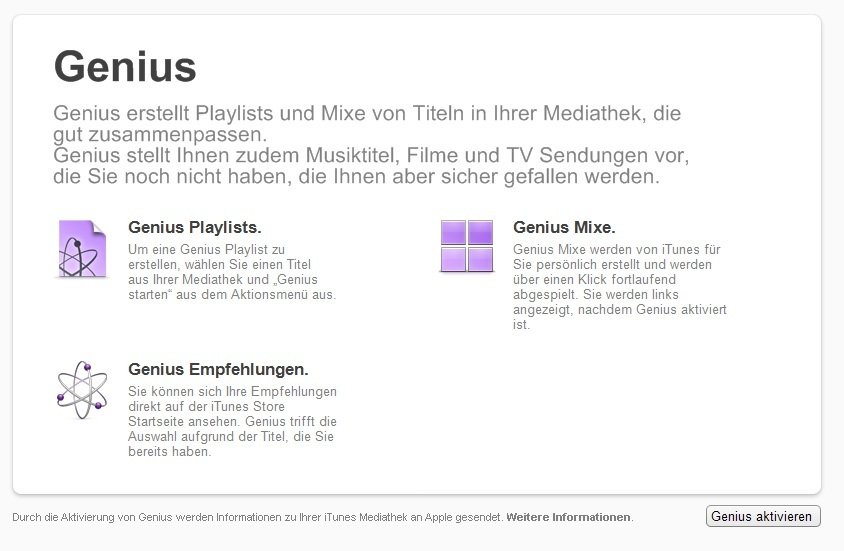 iTunes Genius erstellt anhand der Musik-History der gehörten Lieder personalisierte Wiedergabelisten iTunes Geschichte Genius Screenshot